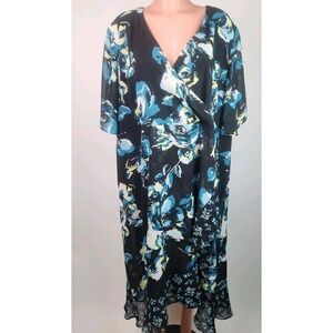 Catherines Dress Size 26W Black‎ Floral Ruffle Semi Sheer Lined Faux Wrap Career